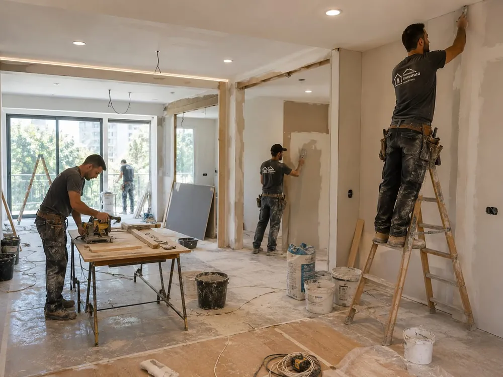 צוות שיפוצים עובד בדירה בשלב גמר